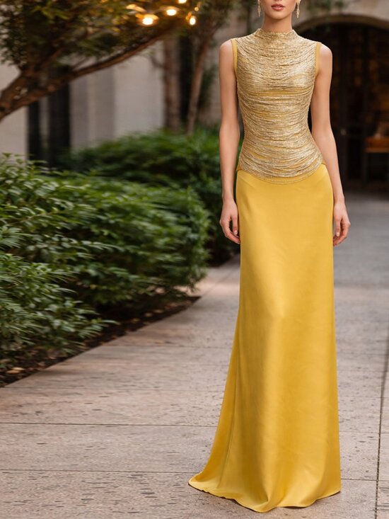 Dresses & Skirts - Gold Metallic Fringe Top & Satin Maxi Skirt 2-Piece Evening Set